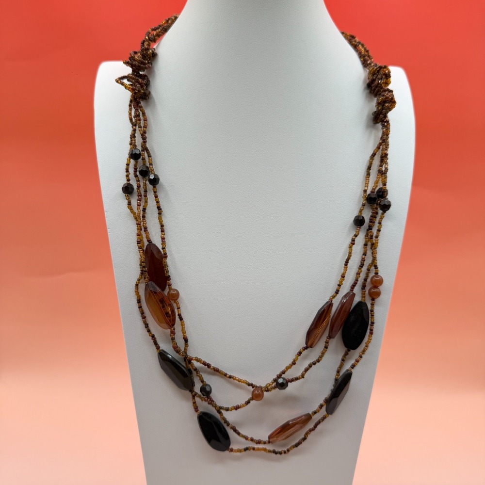Brown Amber Tone Black Multi Strand Beaded Necklace Statement Vintage Jewelry